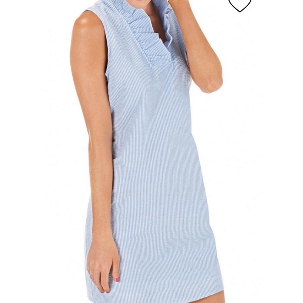 Mud Pie Sailor Seersucker Dress Lined Ruffle Neck Blue Striped Top Size Medium